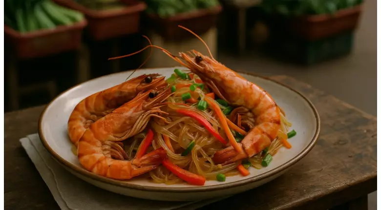 Тигровые креветки со стеклянной лапшой и овощами