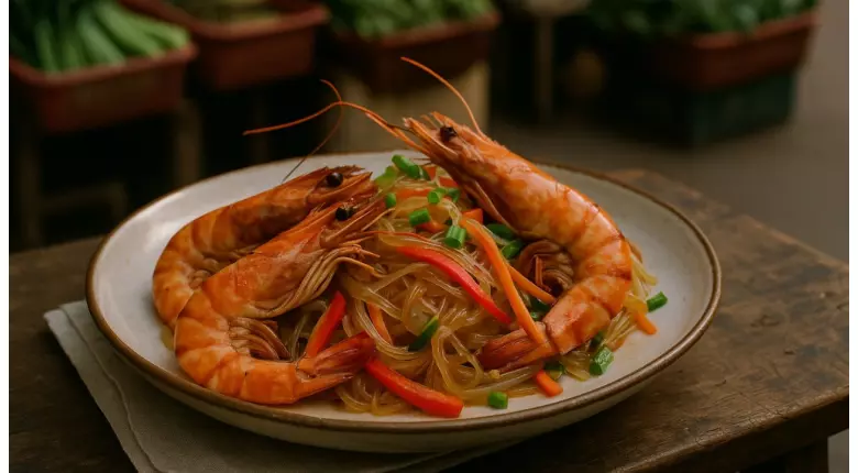 Тигровые креветки со стеклянной лапшой и овощами